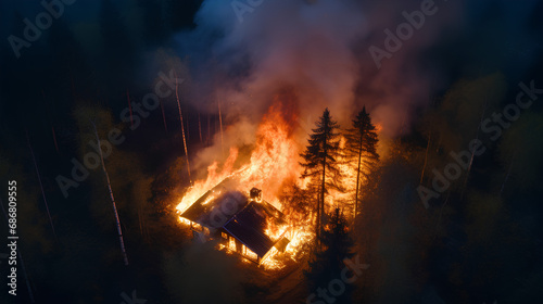 House burning in the middle of the forest because of forest fire  natural disaster concept  intense forest fire
