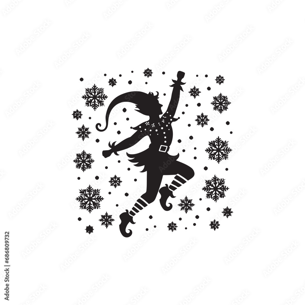 Christmas Elf Dancing Silhouette: A Captivating Silhouette of an Elf Engaged in Merry Dance Black Vector Christmas Elf Dancing
