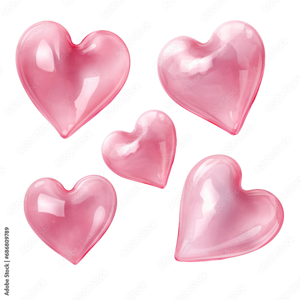 pink hearts isolated on transparent background, realistic illustration