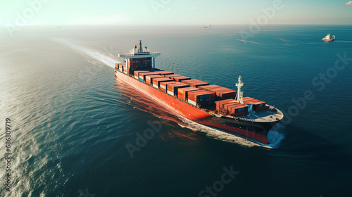 Aerial photography, large cargo ship at sea, maritime transport concept.