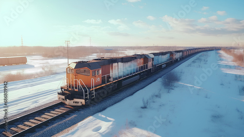 Aerial photography, freight train in the countryside, train freight concept. photo