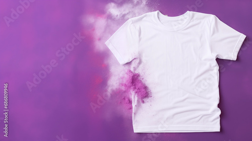Mockup of a white t shirt isolated on purple canvas with colorful holi powder surrounded. Generative AI photo