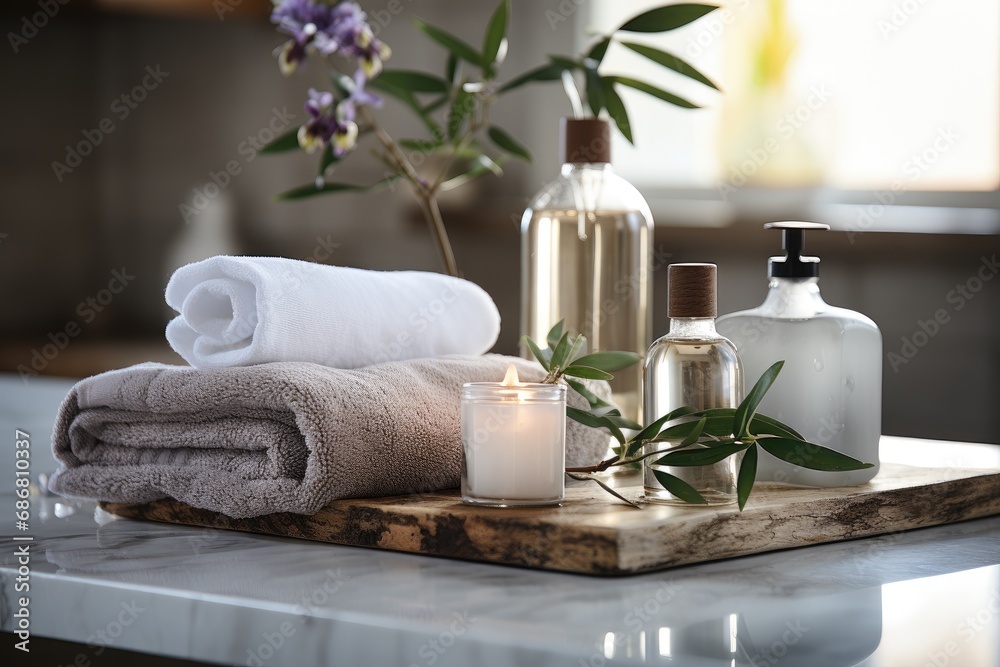 Toiletries soap towel on blurred white bathroom spa background, generative ai