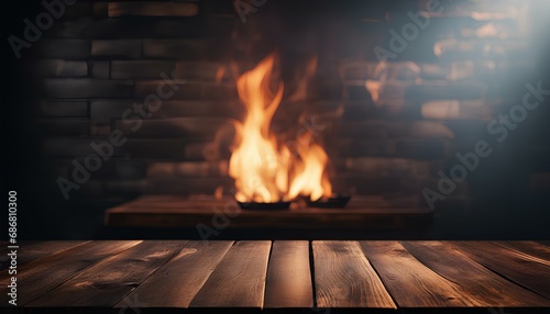 Fiery Background with Empty Black Wooden Table