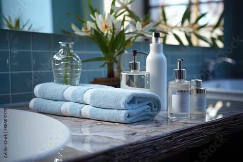 Toiletries soap towel on blurred white bathroom spa background, generative ai