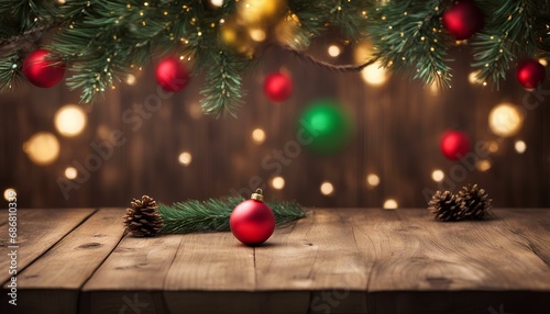 Festive Wood Table with Blurred Lights