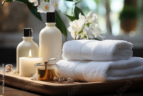 Toiletries soap towel on blurred white bathroom spa background, generative ai