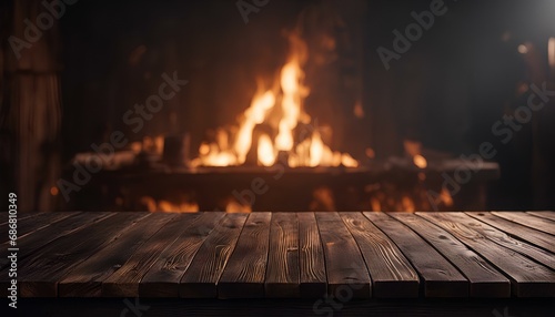 Fiery Background with Empty Black Wooden Table