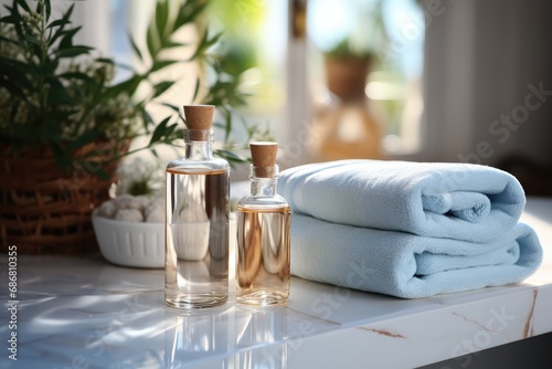 Toiletries soap towel on blurred white bathroom spa background, generative ai