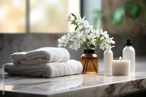 Toiletries soap towel on blurred white bathroom spa background, generative ai