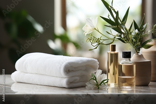 Toiletries soap towel on blurred white bathroom spa background, generative ai