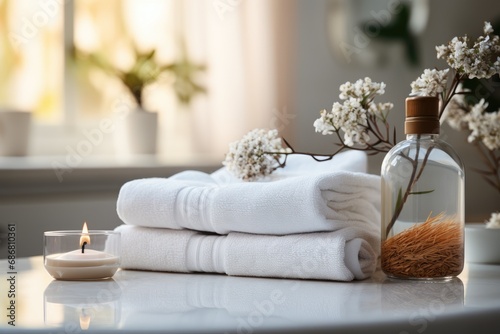 Toiletries soap towel on blurred white bathroom spa background, generative ai photo