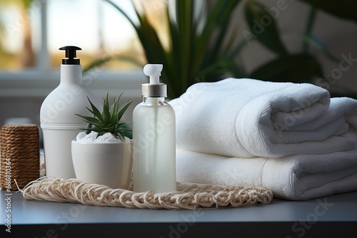 Toiletries soap towel on blurred white bathroom spa background, generative ai