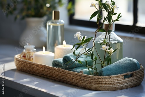 Toiletries soap towel on blurred white bathroom spa background, generative ai