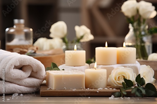 Toiletries soap towel on blurred white bathroom spa background, generative ai