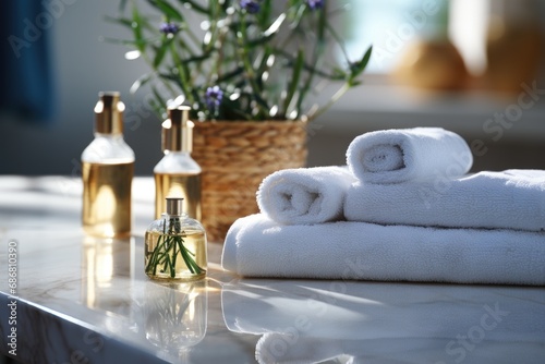 Toiletries soap towel on blurred white bathroom spa background, generative ai