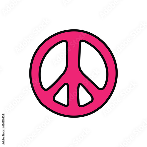 A hand-drawn doodle of a pink peace sign on a white background.