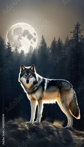 Wolf standing against a forest and full moon background
