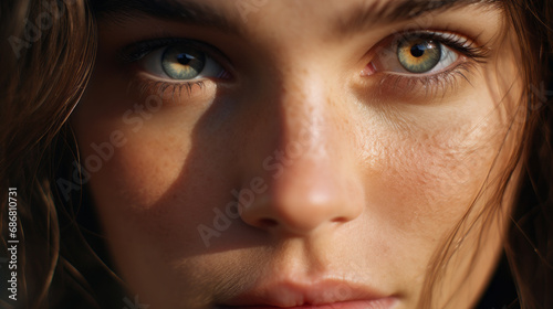 Mujer joven hermosa de ojos azules en primer plano. photo
