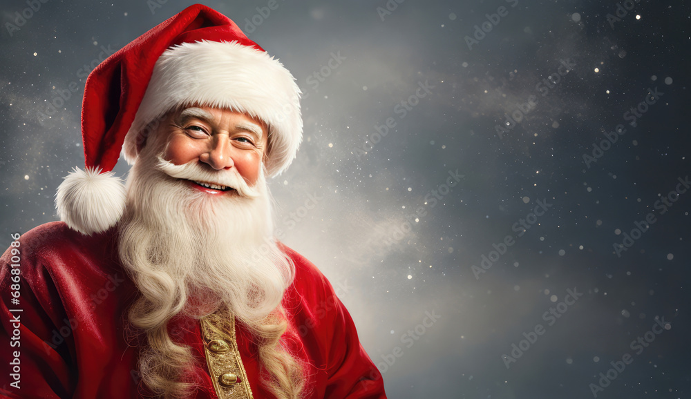 Portrait of a smiling Santa Claus on a blurred snowy winter background. Copy space for text, advertising, message Portrait of a smiling Santa Claus on a blurred snowy winter background. Copy space for text, advertising, message