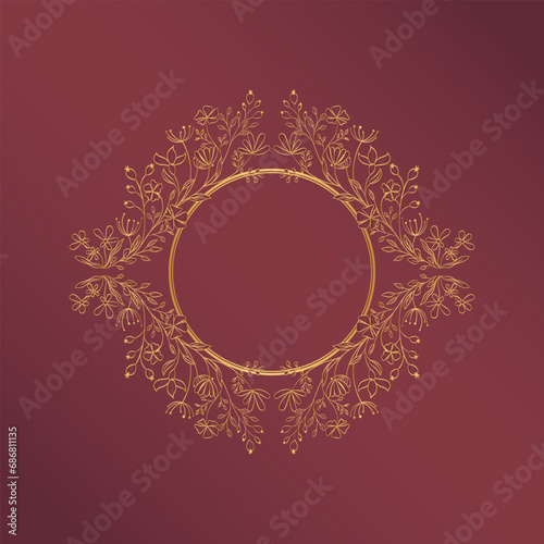 Round gold frame with floral ornament. Flora in the design of invitation, cover, postcard. Delicate botanical pattern.  