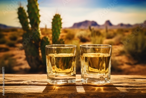 Shot of Mexican tequila among sand dunes and cacti. Green background.