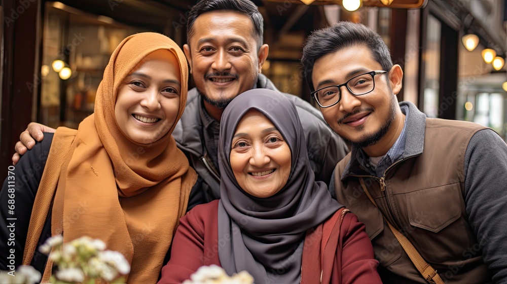 Obraz premium Muslim Malasyan people takes a selfie outdoors.