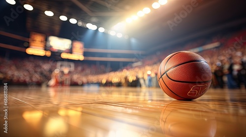 Ball on the floor of a basketball stadium.