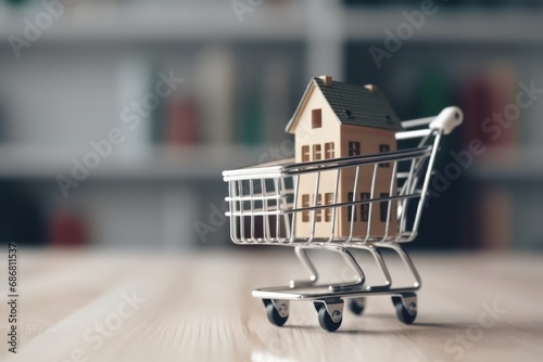 Buying a house, building repair and mortgage concept. Estimation real estate property with loan money and banking. House in shopping cart on city or town background. 