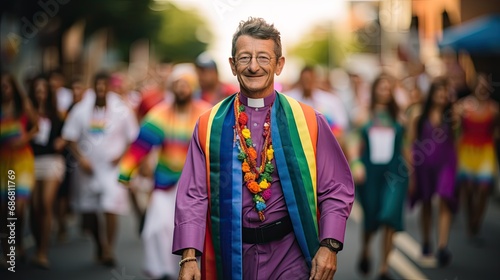 A gay priest dressed in pride clothing, participating in the celebration. photo