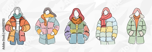 Frauen in bunten Daunenjacken - Vektorgrafik-Bundle mit Lineart-Zeichnungen