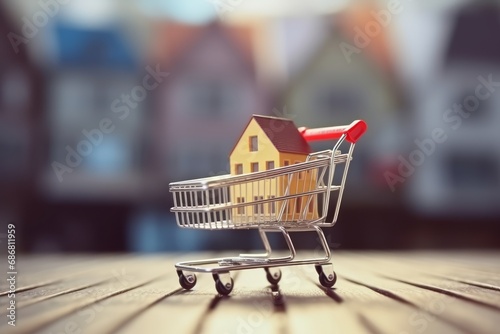 Buying a house, building repair and mortgage concept. Estimation real estate property with loan money and banking. House in shopping cart on city or town background. 