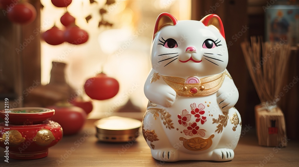 The lucky cat is on a plate with a high angle