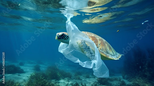 Sea turtles and plastic waste, plastic bags, concept of the problem of plastic waste in the ocean.