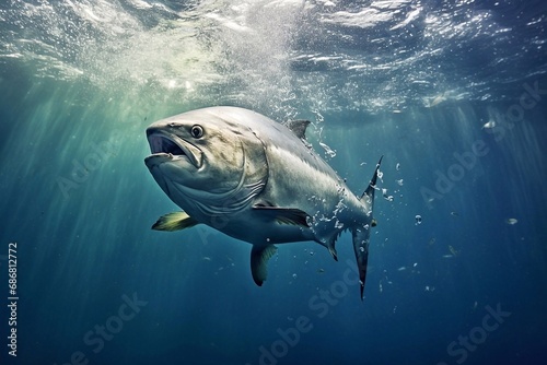 Yellowfin tuna swims in the blue ocean photo