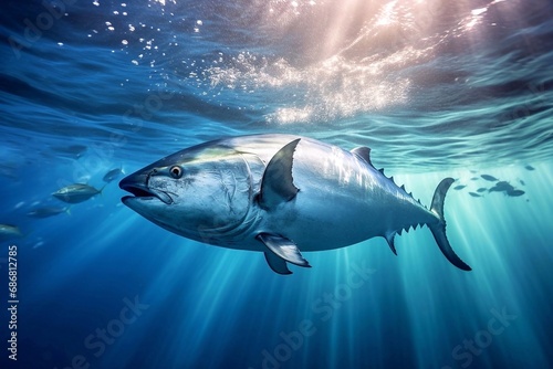 Tuna swimming in the blue ocean and the rays of the sun passing through the water.
