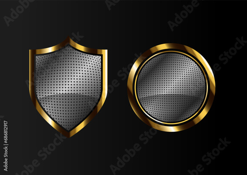 Vip label with round Silver and golden ring frame shield sparks on black background. Dark glossy Sheild premium template. Vector design element luxury illustration gold 