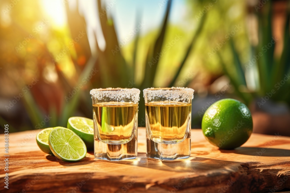 Obraz premium Shot of Mexican tequila among sand dunes and cacti. Green background.