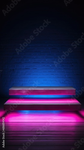 Neon stage with blue  purple light , abstract fustic background, ultraviolet, 3d render. Generative AI photo