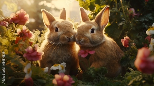 A pair of dutiful rabbits nestle together in a lush garden, their soft fur and alert ears captured in a moment of serene domesticity.