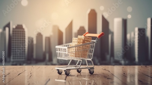 Buying a house, building repair and mortgage concept. Estimation real estate property with loan money and banking. House in shopping cart on city skyscrapers background. 