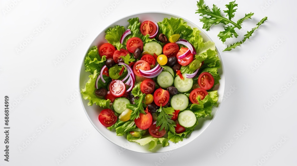 A plate with a salad made of fresh vegetables is located on a white concrete surface. A plate with a salad made of fresh vegetables is located on a white concrete surface.