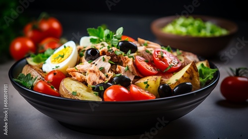 A salad that is both healthy and hearty, consisting of tuna, green beans, tomatoes, eggs, potatoes, and black olives is being served on the table.