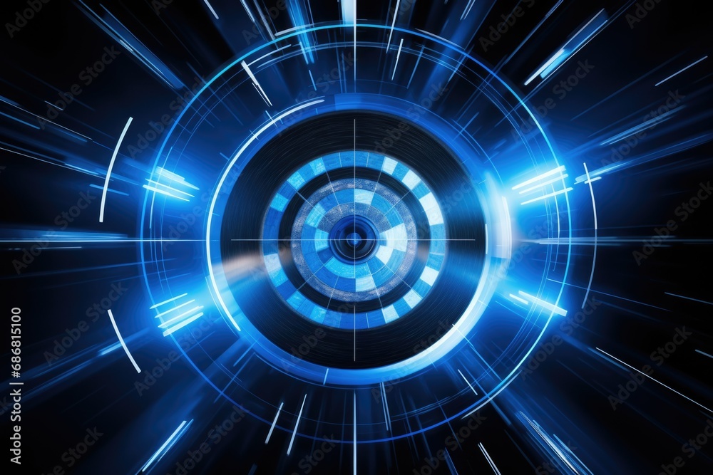 Blue light beams radiate from a central point in a dynamic abstract design set against a dark background Blue light beams radiate from a central point in a dynamic abstract design set against a dark background