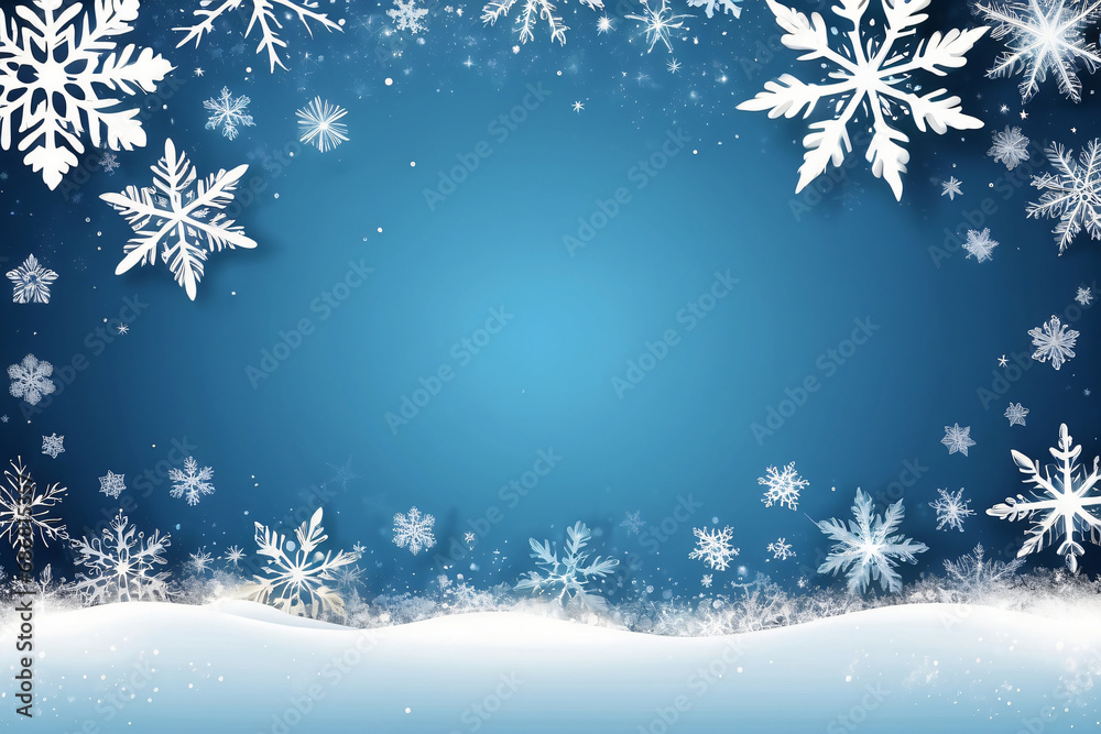 Christmas banner with snow on blue background with copy space. Winter border vector illustration with snowflakes.