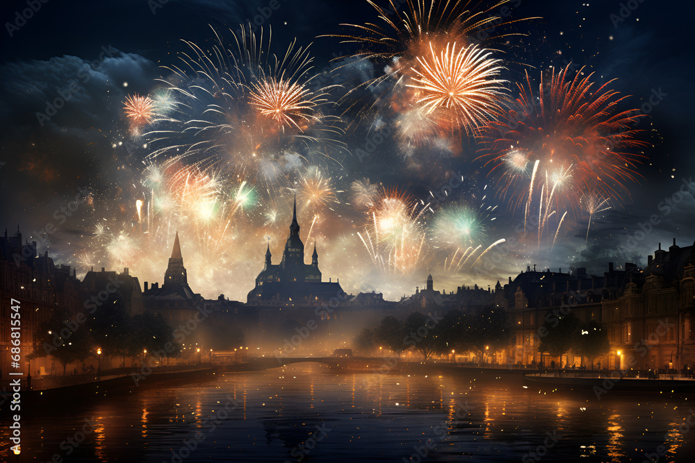 Fireworks on river bank, New Year celebration background