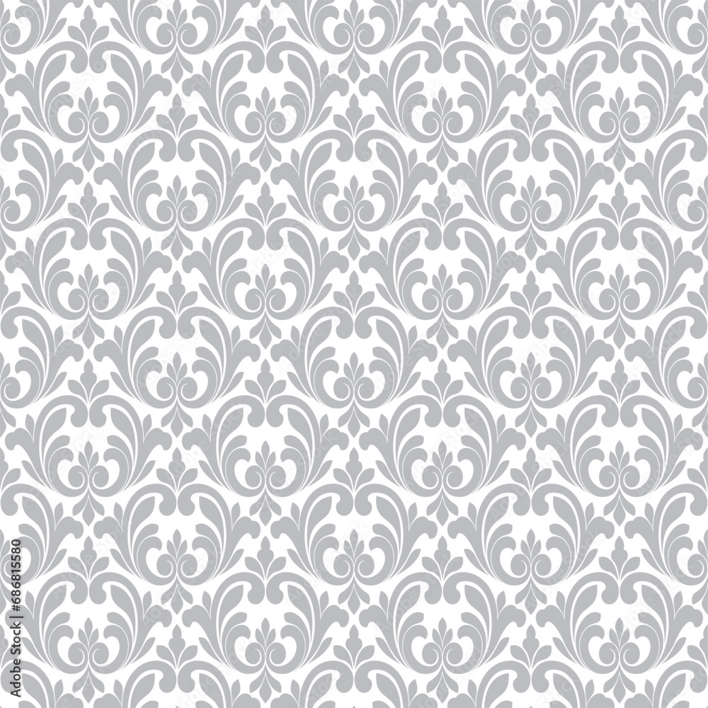 Damask wallpaper, grey and white seamless pattern
