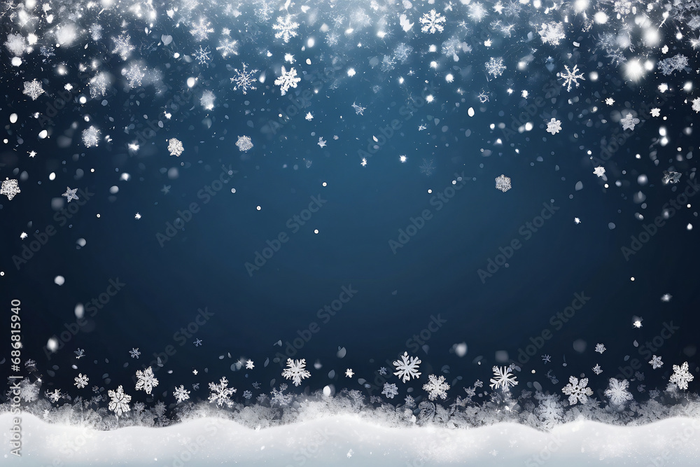 Christmas banner with snow on blue background with copy space. Winter border vector illustration with snowflakes.