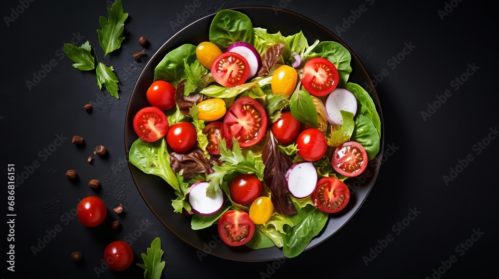 A plate containing a salad filled with fresh vegetables and viewed from above. A plate containing a salad filled with fresh vegetables and viewed from above.