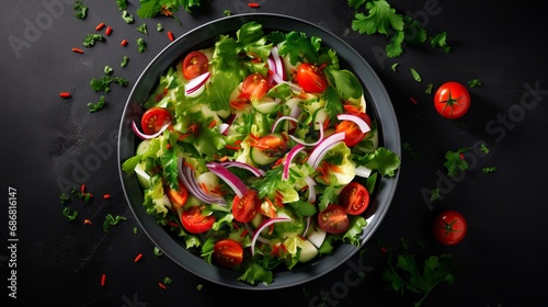 A plate containing a salad filled with fresh vegetables and viewed from above.